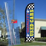 QUALITY USED CARS (Blue) Windless Feather Flag Bundle (11.5′ Tall Flag, 15′ Tall Flagpole, Ground Mount Stake)