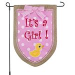 New Baby Banner Its A Girl Garden Flag, Yard Sign, Car Decoration – Pink Duck Design On Burlap Banner – 12×18 – Home Garden Flag