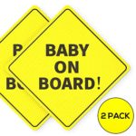 Baby On Board Sticker – Essential for Cars – 2 Pack, 5″ by 5″ – Bright Yellow and See-Through When Reversing – Best Safety Signs – No Need for Suction Cups or Magnets – Durable and Strong Adhesive