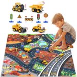 Construction Vehicles Truck Toys Set with Play Mat, Mini Engineering Diecast Trucks Pull Back cars, Alloy Metal Car Play Set with 6 Road Signs, 4 Trucks and Play Mat, Toy Trucks for Toddlers, Kids