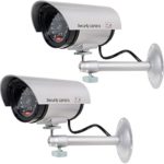WALI Bullet Dummy Fake Surveillance Security CCTV Dome Camera Indoor Outdoor with 1 LED Light, Warning Security Alert Sticker Decals (TC-S2), 2 Packs, Silver