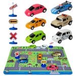 Car Toys with Play Mat, 6 Toy Cars, 3 Road Signs, 14″ x 18″ City Playmat, City Vehicle Set, Mini Pull Back Vehicle Toys