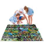 Max Fun Dinosaur Toys Play Mat, 88 pcs Educational Toys of Dinosaurs Toys, Wild Animals, Marine Organisms, Trees, Road Signs, Cars and Walking Dinos with Moving Jaws for Kids Party Favors