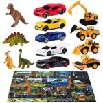 Joyjoz Toy Cars with Play Mat, Kids Car Play Set with 12 Dinosaur Toys, 5 Racing Model Cars, 4 Engineer Vehicles, 18 Traffic Signs, STEM & Educational Gift Toys for Boys, Girls with Storage Box