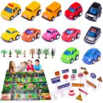 Omew Pull Back Car & Activity Play Mat(51.2″ x 39.4″) Educational Realistic Playset to Create a New City Including Assorted Car, Road Sign and Trees, for Kids, Boys & Girls.