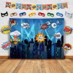 Superhero Cityscape Photography Backdrop, Studio Props, Flags and Mask DIY Kit. Great as Super Hero City Photo Booth Background – Birthday Party and Event Decorations