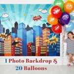 Superhero Party Supplies Pinata Props Backdrop – DC Super Hero Girls and Boys Birthday Decorations Favors – 6.2 X 4.8 Ft Cityscape Photography Party City – Bonus 20 Assorted Colors Balloons