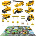 Construction Vehicles Truck Toys Set with Play Mat – 8 Mini Engineer Diecast Pull Back Cars, 22.7×32.7Inch Playmat & 12 Road Signs, Toy Car Set for Boys Toddlers Birthday Christmas 3+ Year Old