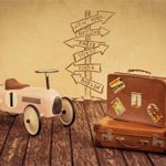 10×6.5ft Vintage Suitcases Mini Toy Car Signpost Drawing Grunge Wooden Floor Polyester Photography Background Retro Nostalgia Style Backdrop Child Kids Baby Artistic Portrait Shoot Wallpaper