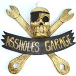 LG 12 inch Hand Carved Wood Pirate Skull Cross Bone With Wrenches “ASSHOLE’S GARAGE” Sign Plaque Wall Art Decor