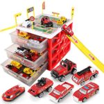 Happytime Parking Lot Car Garage Playset Vehicle Storage Box Play Construction Truck Toys Set Educational Gift with 6 Alloy Die-cast Cars, Ramps, Traffic Signs for Kid Toddlers