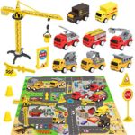 Construction Vehicles Toys with Play Mat, 8 Construction Cars and Crane, 6 Road Signs and 27.5″ x 31.5″ Playmat, Friction Powered Cars Play Sets, Toy Trucks, Toy Gift for Boys, Girls, Kids & Children