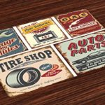 Lunarable 1950s Place Mats Set of 4, Vintage Car Signs Automobile Advertising Repair Vehicle Garage Classics Servicing, Washable Fabric Placemats for Dining Room Kitchen Table Decor, Burgundy