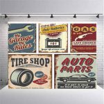 1950s Decor Collection Photography Background Cloth Vintage Car Metal Signs Automobile Advertising Repair Vehicle Garage Servicing Image for Photography,Video and Televison 12ftx8ft