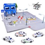 FunLittleToys Traffic Police Station Toy with 4 Pull Back Die Cast Police Cars and Traffic Signs for 2 3 4 5 Year Old Boys Kids