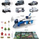 Bimonk Police Car Toy Set with Airplane, Educational Vehicles and Inertia Wheel Airplane Toys for 3 4 5 6 Years Old Boys, Toddlers, Kids, 6 Cars, 11 Road Signs, 1 Cargo Airplane, 1 Play Mat