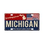 INTERESTPRINT Greetings from Michigan Rusty Metal Sign with American Flag Automotive Metal License Plates Decor Decoration, Car Tag for Woman Man – 12 x 6 Inch