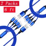 eLUUGIE 2 Packs 6ft 4 in 1 USB Cable Multi Charger Cable Braided Universal Multiple USB Charging Cord Adapter with IP Plug x2/Type C/Micro USB 4 Connectors for All Mobile Phones Tablets (Blue)