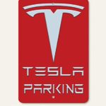 Voss Collectables Tesla Car Reserved Parking only Aluminum Sign with All Weather UV Protective RED (Red Mounting Holes)