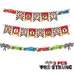 Race Car Happy Birthday Banner Pre-Strung Let’s Go Racing Checkered Flag Party Supplies Decoration