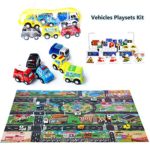 Pull Back Vehicles, Car Toys Set with Play Mat, 6 Pcs Vehicles, 28 Pcs Road Signs and Playmat, Vehicle Educational for Children Boys Party Favors, Birthday Game Gift Playset Classroom Reward
