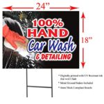 100% Hand Car Wash | 2-Pack Double Sided Outdoor Yard Signs with Metal Ground Stakes | Full Color | 24 x 18 Inches