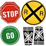 Railroad Signs Party Supplies Tableware Set 24 9″ Rail Road Sign Paper Plates 24 7″ GO Plate 24 9 Oz. Crossing Cups 24 Stop Lunch Napkins for All Aboard Train Cars Birthday Dinnerware Disposable Decor