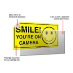 (Set of 6) Smile You’re On Camera Sticker – 2″ x 4″ -Durable Self Adhesive 4 Mil Vinyl – Laminated – Fade & Scratch Resistant – Waterproof – Private Property No Trespassing Security Recording Video Surveillance Sign