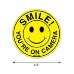 (Set of 5) Smile You’re On Camera Stickers – 4.5″ Circle – Durable Self Adhesive 4 Mil Vinyl – Laminated – Fade & Scratch Resistant – Waterproof – Private Property No Trespassing CCTV Security Recording Video Surveillance Sign