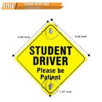 2 Pieces Student Driver Signs for Car, 5″ by 5″ New Driver Sign with Suction Cup for Car Window, Rookie Car Signs, Please Be Patient car New Student Driver, Yellow Sticker for Car