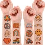 8 Sheet (96Pcs) Groovy 70s Temporary tattoos for Kids, Birthday Party Decorations Favors Supplies Super Cute Flower Power Good Vibes Retro Rainbow Arts Gifts for Boys Girls Baby Shower Prizes Rewards