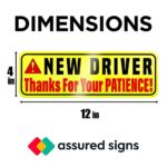 New Driver Magnet for Car – Essential Magnetic Student Driver Sticker Signs – 3 Pack, 12 by 4″ – Remind Others to Please Be Patient – Bright & Reflective Road Safety Sign for Rookies