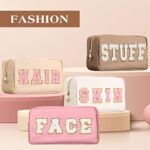 4 Pcs Preppy Makeup Bag Chenille Letter Nylon Cosmetic Bag Makeup Organizer Bag Toiletry Cosmetic Case Preppy Bag with Zipper Stuff Bag Cosmetic Pouch Makeup Pouch for Women Teen Girl (Multi Colors)