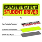 Anley Reflective Student Driver Magnet Car Signs – Please Be Patient Student Driver – Yellow Large Bold Text Vehicle Safety Bumper Sticker Magnetic Decal for New Driver Beginner (10 inch) – Set of 3