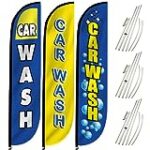 LookOurWay 12-Feet Tall Car Wash Themed Feather Flag Banner for Business Advertising 3-Pack: Includes 3 Banner Flags, 3 Telescopic Pole Sets, and 3 Ground Spikes (10M1200045, 10M1200111, 10M1200046)