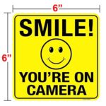 6 Pack Smile You’re On Camera Sign, 6″ x 6″ Video Surveillance Signs, Self Adhesive Vinyl Decal UV Protected & Weatherproof Home Security Stickers, Indoor and Outdoor Use