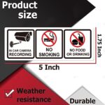 12Pack No Smoking In Car Camera Recording No Eating or Drinking Signs 1.75 X 5 Inch-Cars Vehicles Safety Warning Window Stickers Food and Beverage Signs for Cars Vehicles