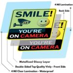 Smile You’re On Camera Sign, Double-Sided 10 Pack 3″x3″ Vinyl Decals for Video Surveillance Signs in/Outdoor, Laminated for UV & Water, Warning Signs, Security Signs, Camera Sign