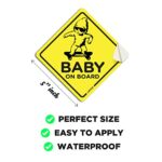 LAVMO Baby On Board Sticker For Cars (2 Pcs) – Bright Yellow Reflective Safety Signs – 5″x5″ Funny and Cute Safety Caution Decal Sign for Window and Bumper – No Need for Suction Cups and Magnets (Baby)