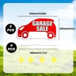 2pcs Garage Sale Sign, 16.92 x 9.84in Garage Sale Supplies Signs Car Shape Large Double Sided Red Garage Sale Signage with Arrow Stickers and Metal Stakes for Sales Event