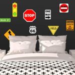 Road Sign Wall Decals, Street Sign Wall Decor Stickers Stop Sign, One Way, Traffic Light, Yield, Caution Construction, Do Not Enter Route 66, Boys Room Decor Fun Decoration for Bedroom (Road Sign)