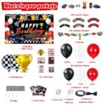 Race Car Birthday Party Supplies, 142 Pcs Racecar Racing Party Decorations for Boys Baby – Backdrop, Banner, Cake, and Cupcake Toppers, Balloons, Cupcakes Wrappers, Party Traffic Signs, Flags