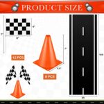 Remagr 26Pcs Race Car Party Decoration Include 1 Welcome Fans Backdrop 8 Mini Traffic Safety Cones 16 Racing Checkered Flags Long Racetrack Floor Running Mat for Theme Birthday Supplies