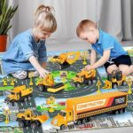 Construction Toys for 3 4 5 6 Years Old Boys,Die Cast Construction Truck Toys W/Play Mat, Sand Toys Trucks Excavator, Dump Truck, Bulldozer, Mixer, Carrier, Toddler Car Toys Set for Kids Boys Girls