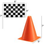 Traffic Cones and Racing Checkered Flags – (24 Pcs) 12 – Black and White Flags on Sticks and 12 – 7-Inch Mini Orange Sports Safety Cones for Kids – Race Car Theme Birthday Party Supplies