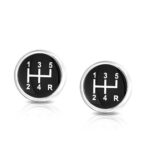 Sports Fan Race Car Driver Black Vehicle Gear Shift Shirt Cuff links For Men Executive Graduation Gift Bullet Hinge Back Silver Tone Stainless Steel