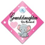 Granddaughter On Board Sign Pink Elephant, Baby On Board Sign, Grandchild On Board Car Window Sign, Advisory Car Sign to Let Other Road Users a Child is in The Car, 14 cm x 14cm x 2cm