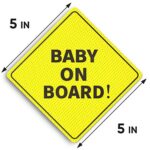 Baby On Board Sticker Sign – Essential for Cars – 4 Pack, 5″ by 5″ – Bright Yellow and See-Through When Reversing – Best Safety Signs – No Need for Suction Cup or Magnet – Durable and Strong Adhesive