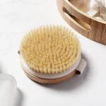 HiKin Round Wooden Natural Bristles Dry Bath Body Brush, Dia4.3” Handheld Shower Brush Back Scrubber for Exfoliating, Cellulite and Detox, etc.