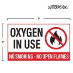 Oxygen in Use No Smoking No Open Flames Stickers, Weatherproof Self Adhesive Vinyl, White/Black/Red, 5″ x 3″ – Pack of 2